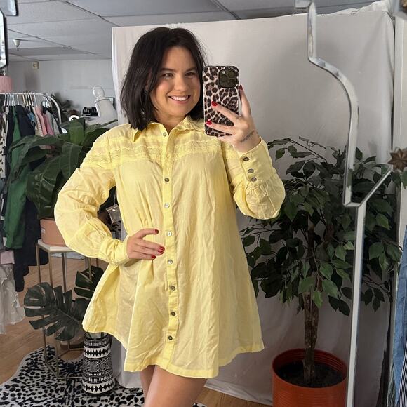 Free People Dresses & Skirts - Free People Long Sleeve Button Front Mini Tunic Shirt Dress Yellow Size Small